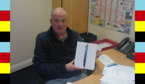 Pat Costello of Cube Printing with the iPad 2 he won by attending our Limerick Print & Finishing Roadshow....